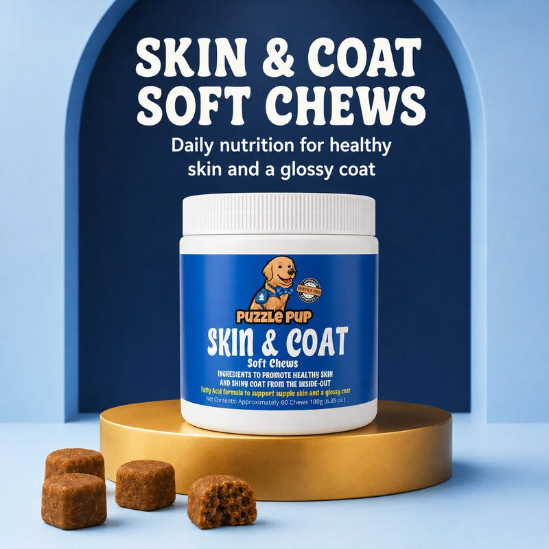 PuzzlePup Skin and Coat Soft Chews jar with soft chews