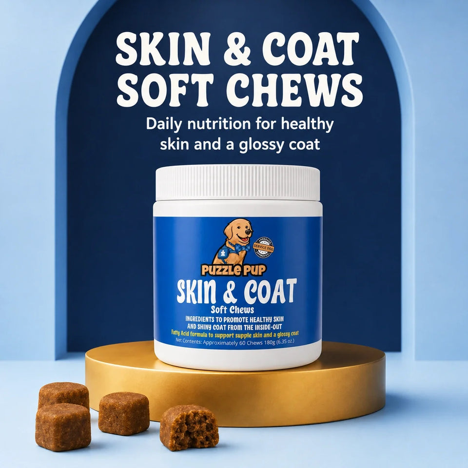 PuzzlePup Skin and Coat Soft Chews jar with soft chews