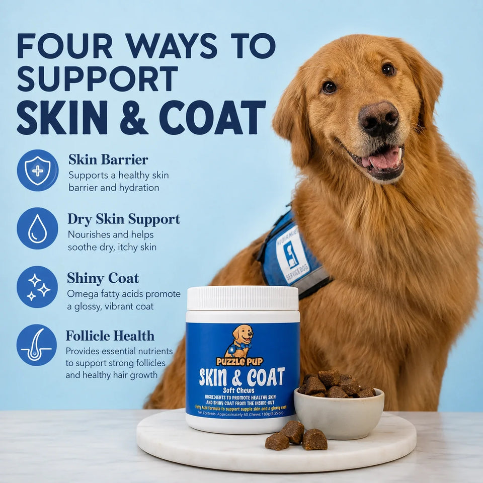 PuzzlePup Skin & Coat Soft Chews care the skin barrier, dry skin comfort, a shiny coat, and follicle health