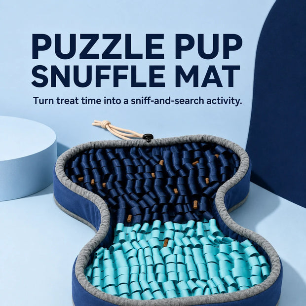 Current blue bone-shaped PuzzlePup Snuffle Mat ready for gentle supervised enrichment