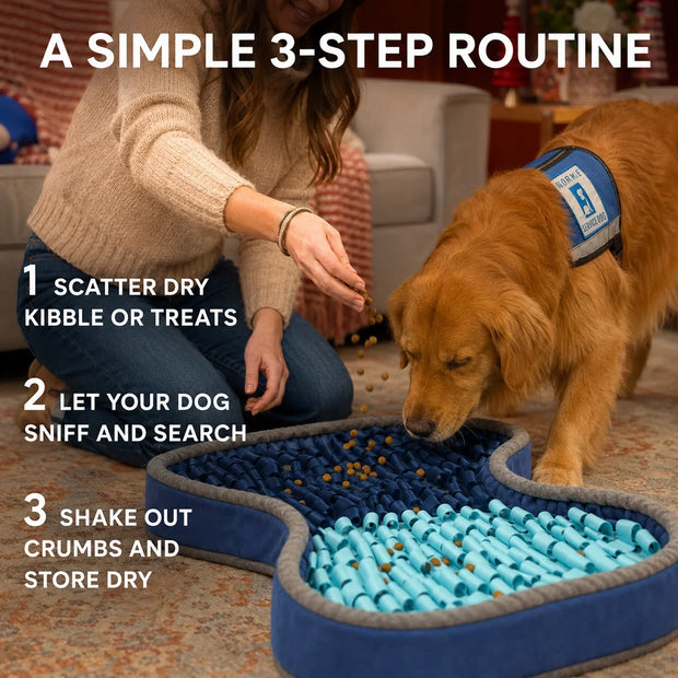 PuzzlePup Snuffle Mat three-step setup for a fast eater