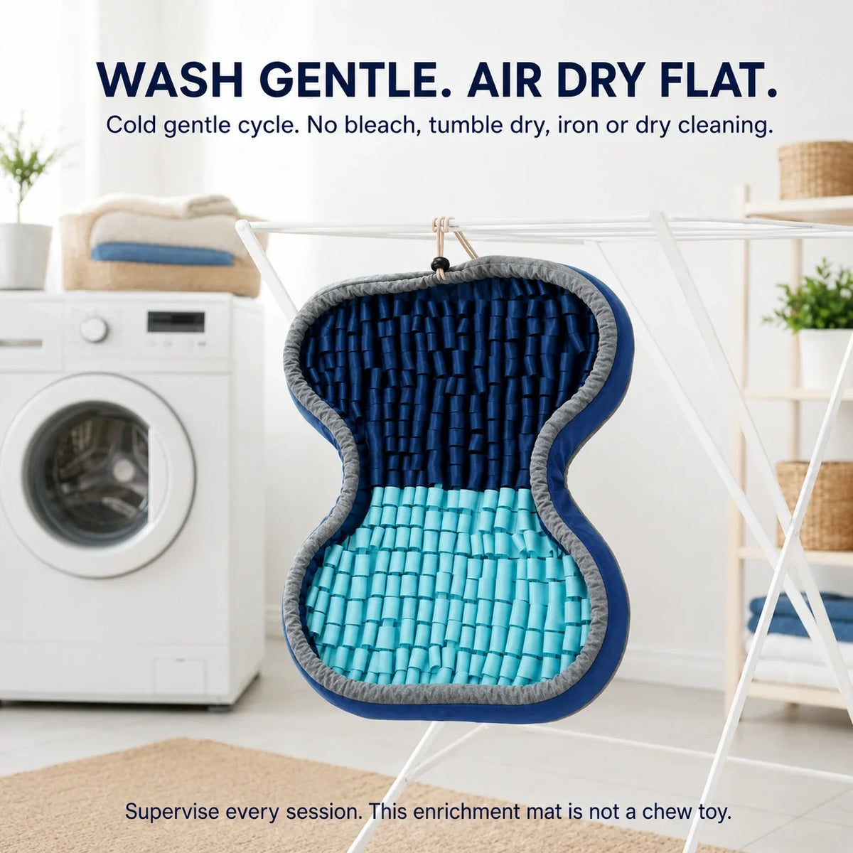 PuzzlePup Snuffle Mat care instructions: machine wash gentle and cold, then air dry flat