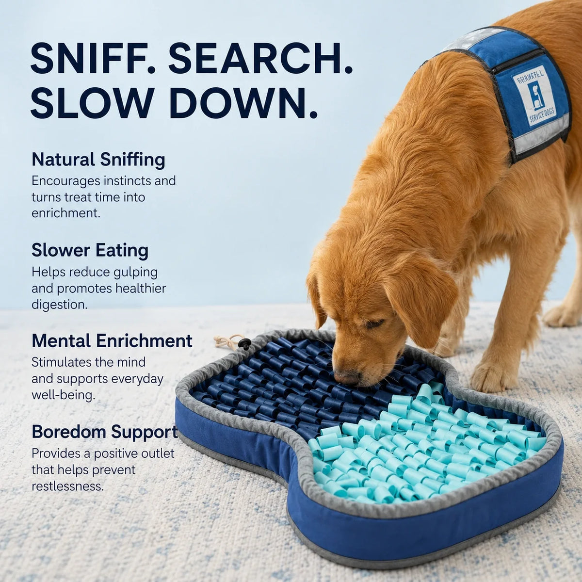 PuzzlePup Snuffle Mat visual showing sniffing, searching, slower eating, and indoor enrichment