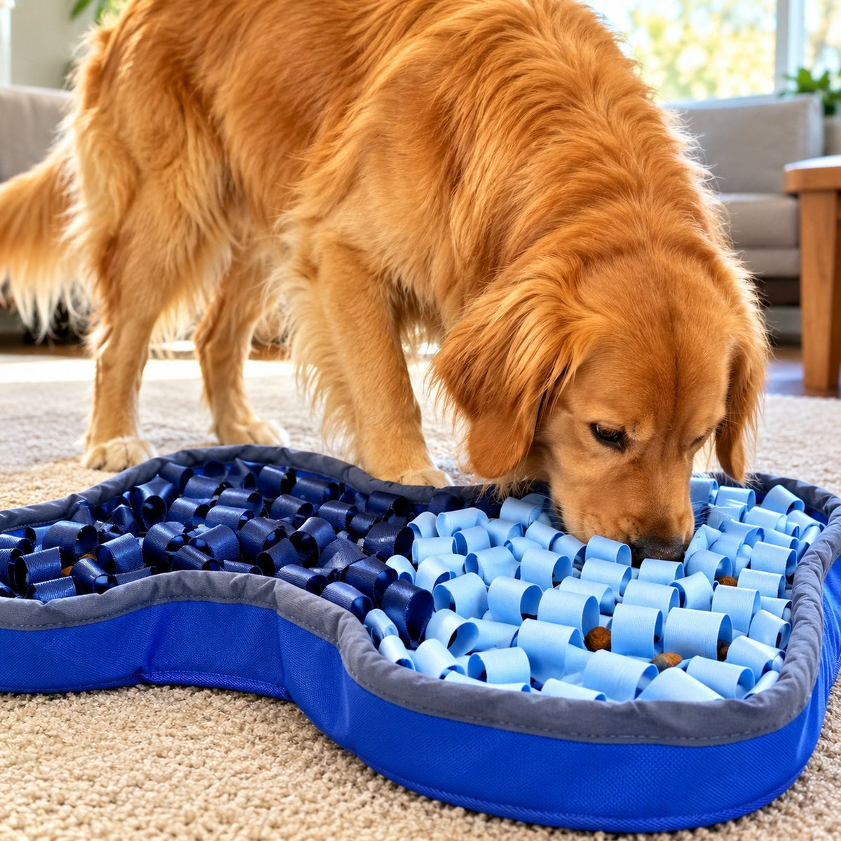 Side view of Normie pushing his nose between the pale sky-blue loops of his SmartMat to find a piece of kibble