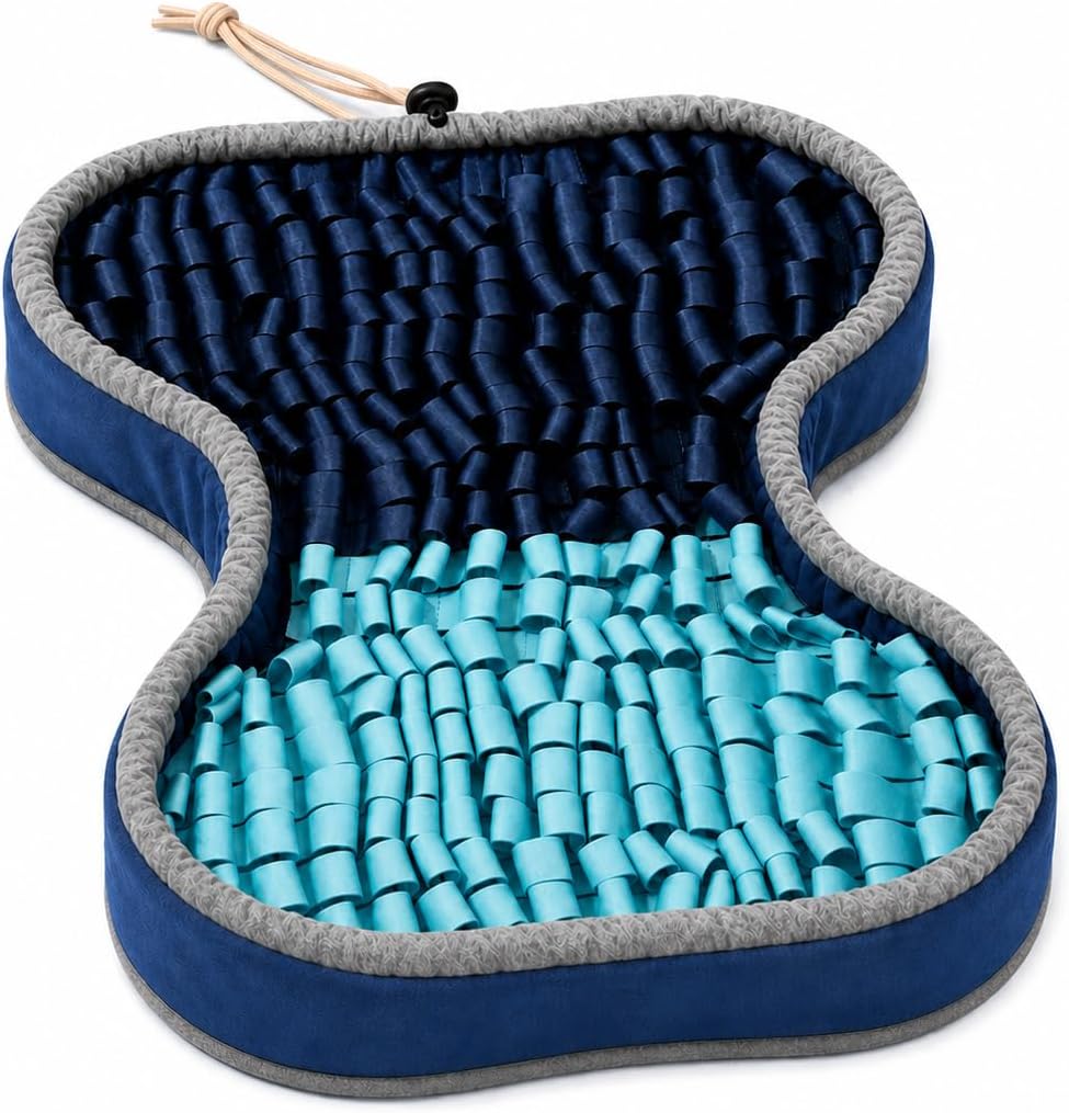 PuzzlePup snuffle mat with navy and aqua fabric loops, gray rim and beige drawcord.