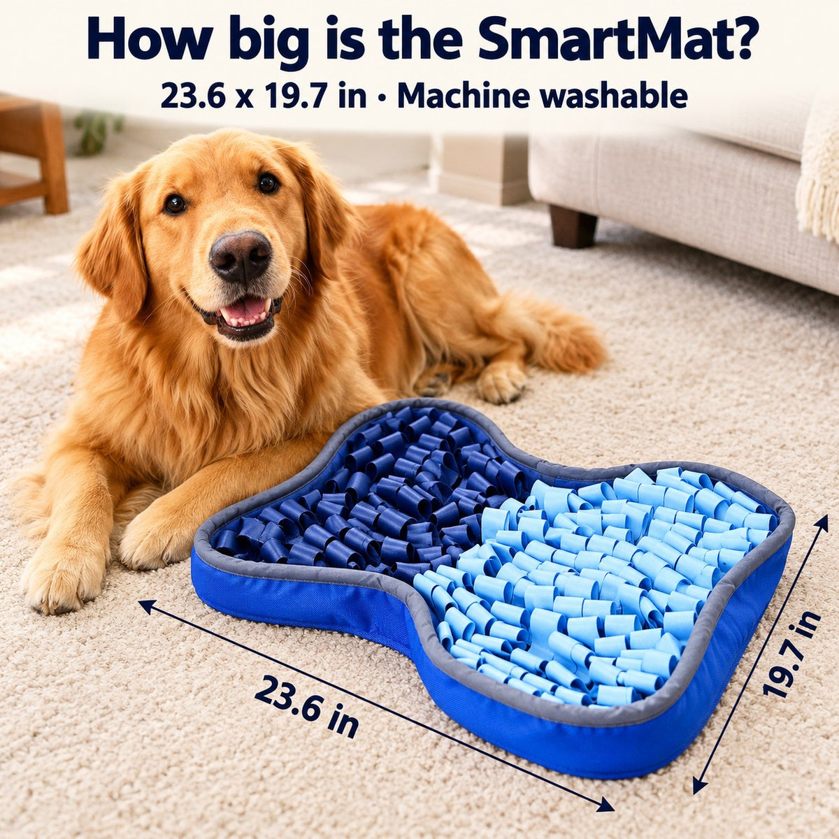 How big is the SmartMat? 23.6 x 19.7 inches, shown next to Normie, a full-size golden retriever. Machine washable.