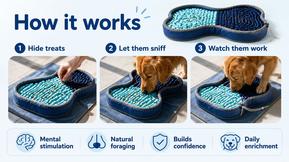 How the PuzzlePup Snuffle Mat works: scatter dry kibble, let your dog sniff and search, and make mealtime more rewarding