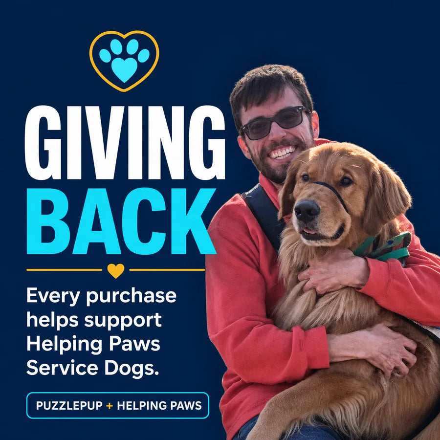 Mike and Normie in a Giving Back graphic supporting Helping Paws Service Dogs