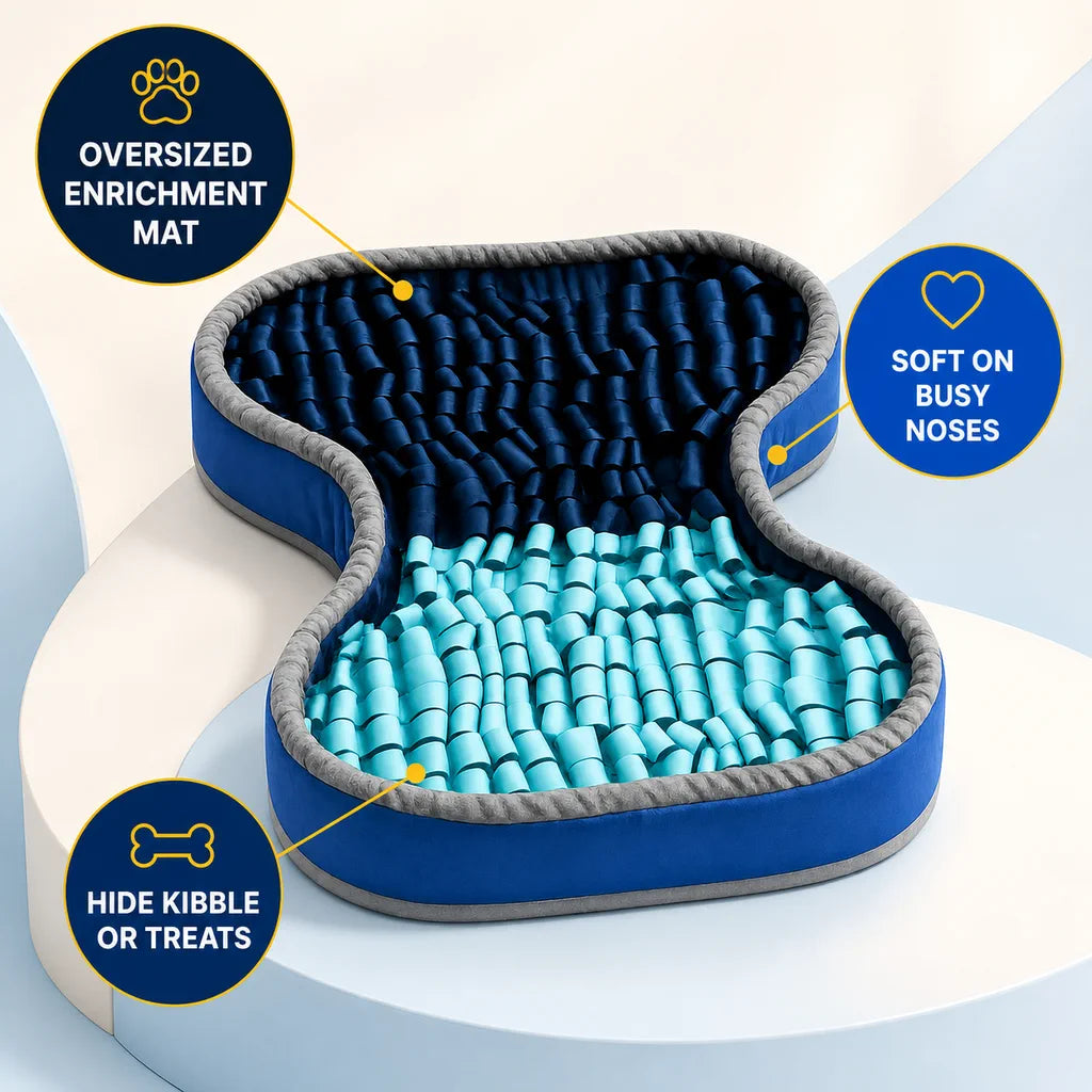PuzzlePup Snuffle Mat with callouts for its oversized search area, soft loops, and use with kibble or treats