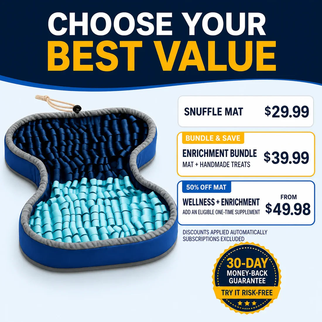 Snuffle Mat, Enrichment Bundle, and Wellness plus Enrichment offers with prices and 30-day guarantee