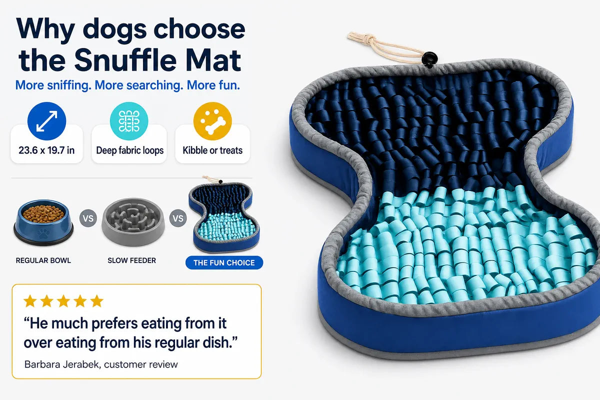 Dog choosing the PuzzlePup Snuffle Mat beside an unused bowl and slow feeder with a customer review