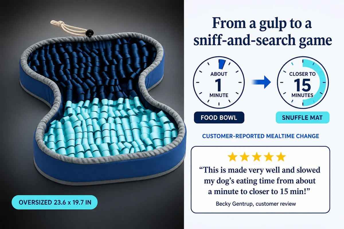 Exact PuzzlePup Snuffle Mat beside a customer-reported mealtime comparison and Becky Gentrup's 5-star review