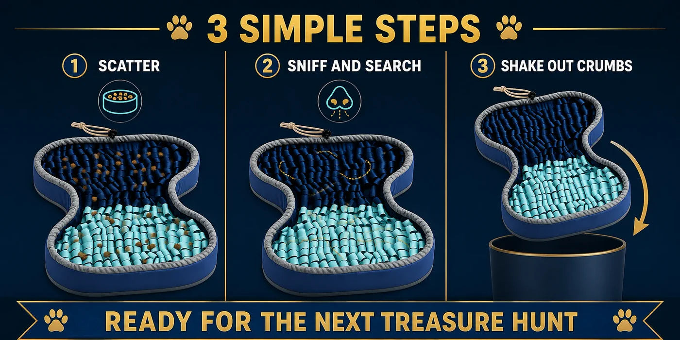 Three large illustrated steps for scattering food, sniffing and searching, and shaking crumbs from the closed mat
