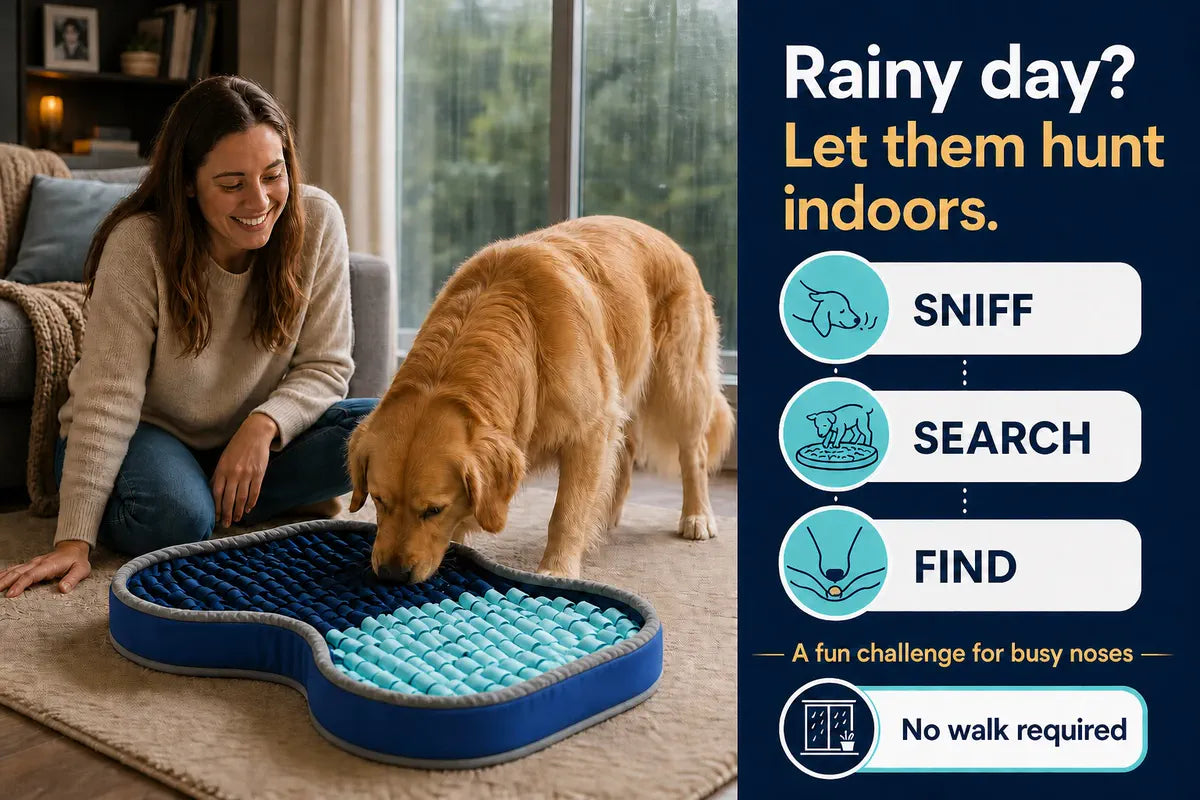 Dog and dog parent using the PuzzlePup Snuffle Mat indoors on a rainy day