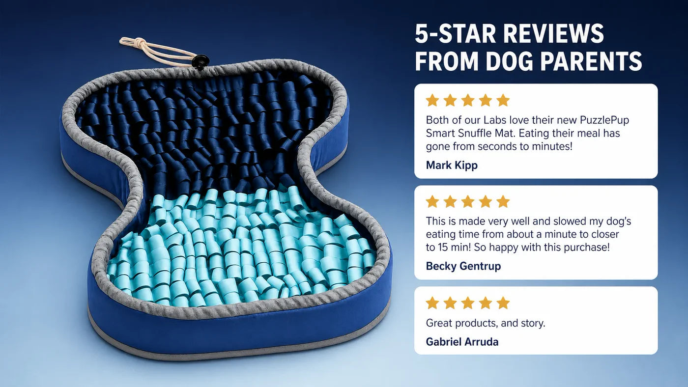 Exact PuzzlePup Snuffle Mat with three 5-star customer reviews from Mark Kipp, Becky Gentrup, and Gabriel Arruda