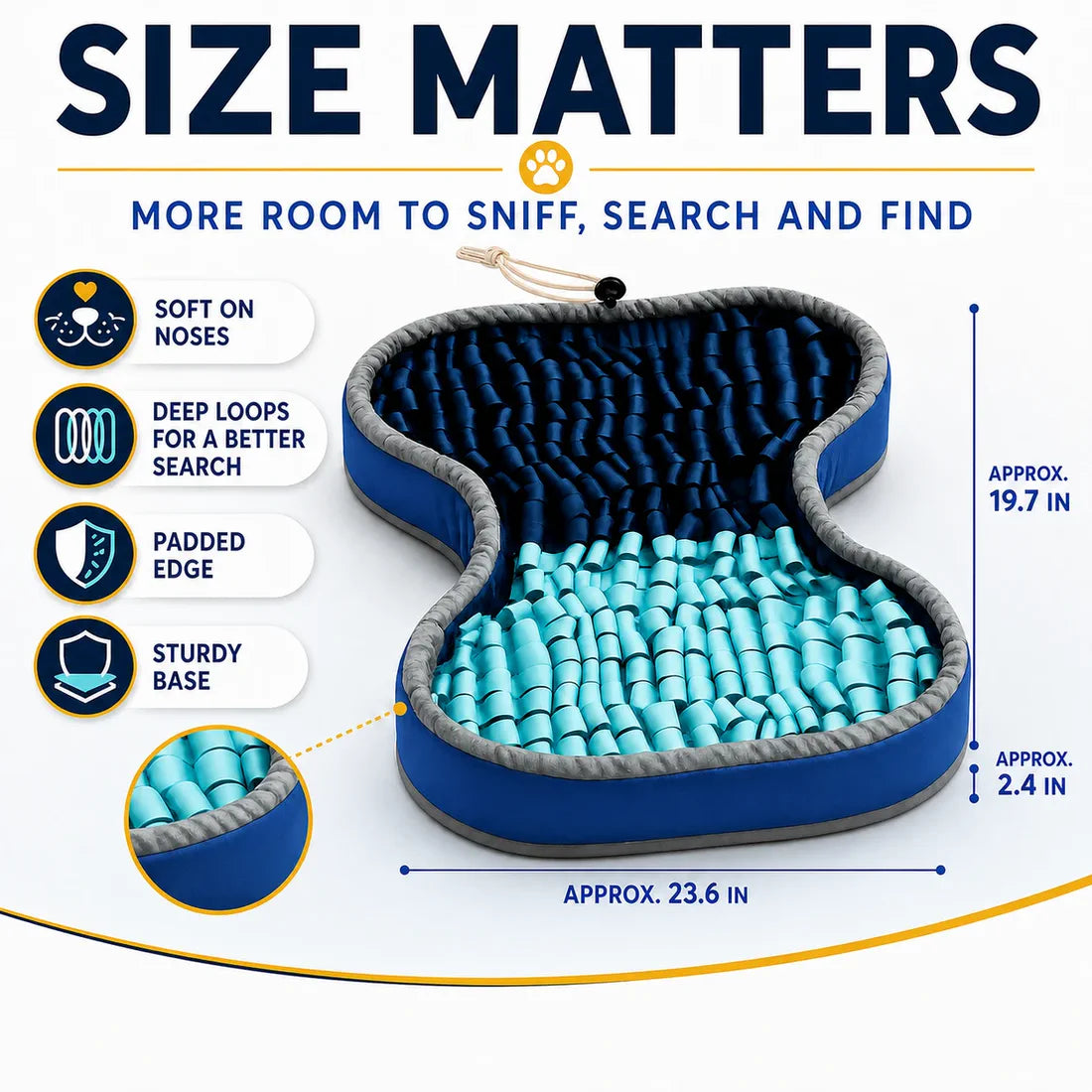 PuzzlePup Snuffle Mat size and materials infographic showing approximate dimensions of 23.6 by 19.7 by 2.4 inches