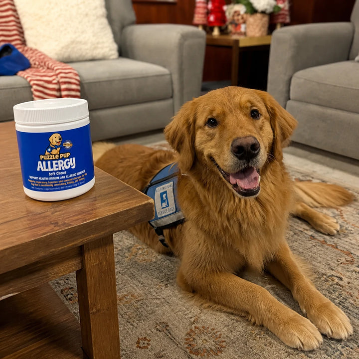 Normie at home beside PuzzlePup Allergy Soft Chews at daily serving time
