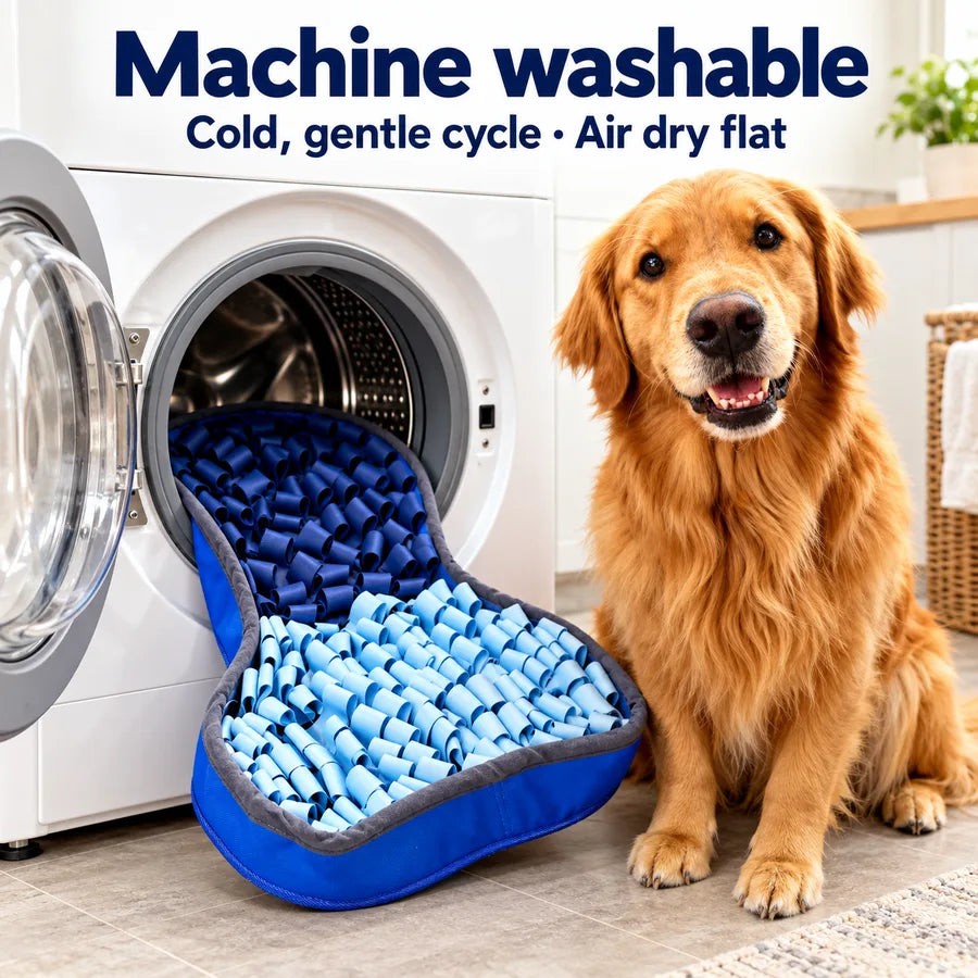 The SmartMat going into a front-loading washing machine while Normie watches: machine washable, cold gentle cycle, air dry flat.