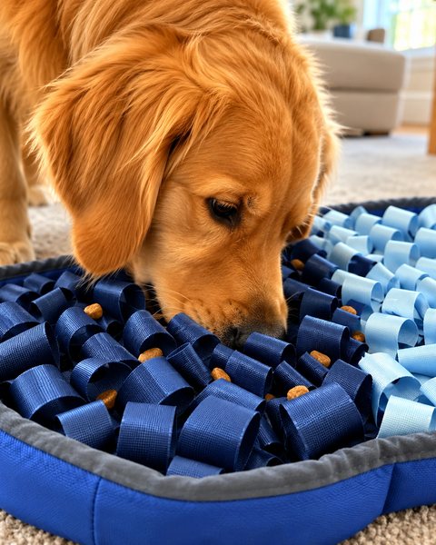 Normie sniffing between the navy loops of the SmartMat